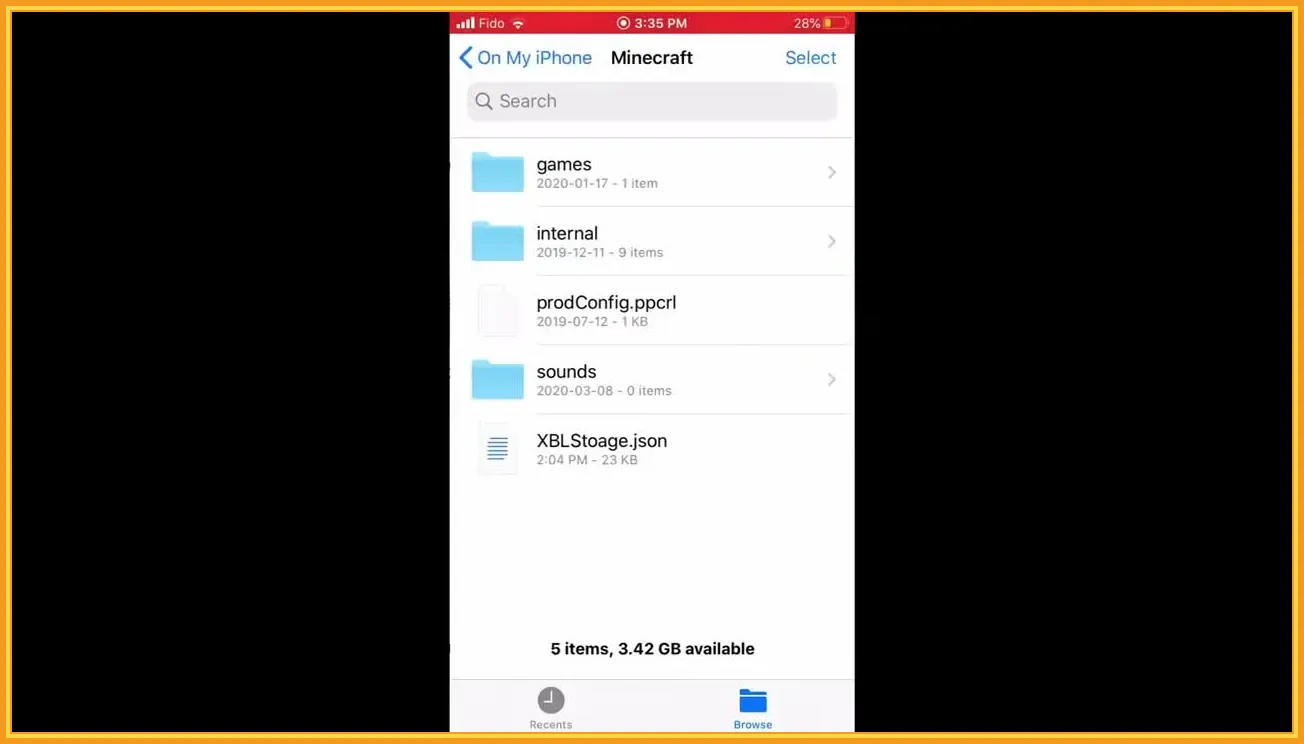 Actions & Stuff for iPhone and iPad: iOS MCPACK Guide 2 iOS Files app showing the Minecraft Bedrock document directory